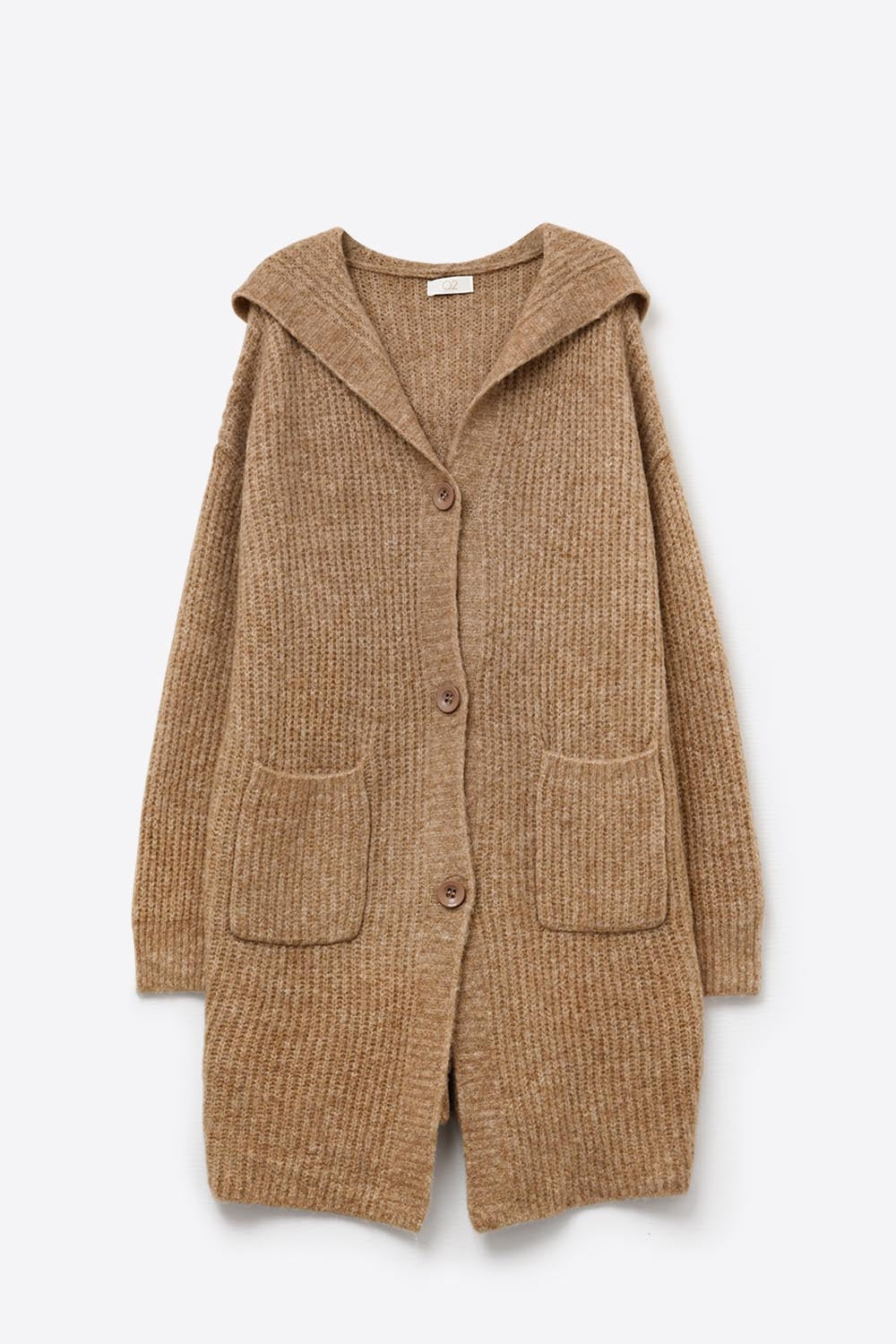 Long Ribbed Cardigan With Pockets and Hood in Camel