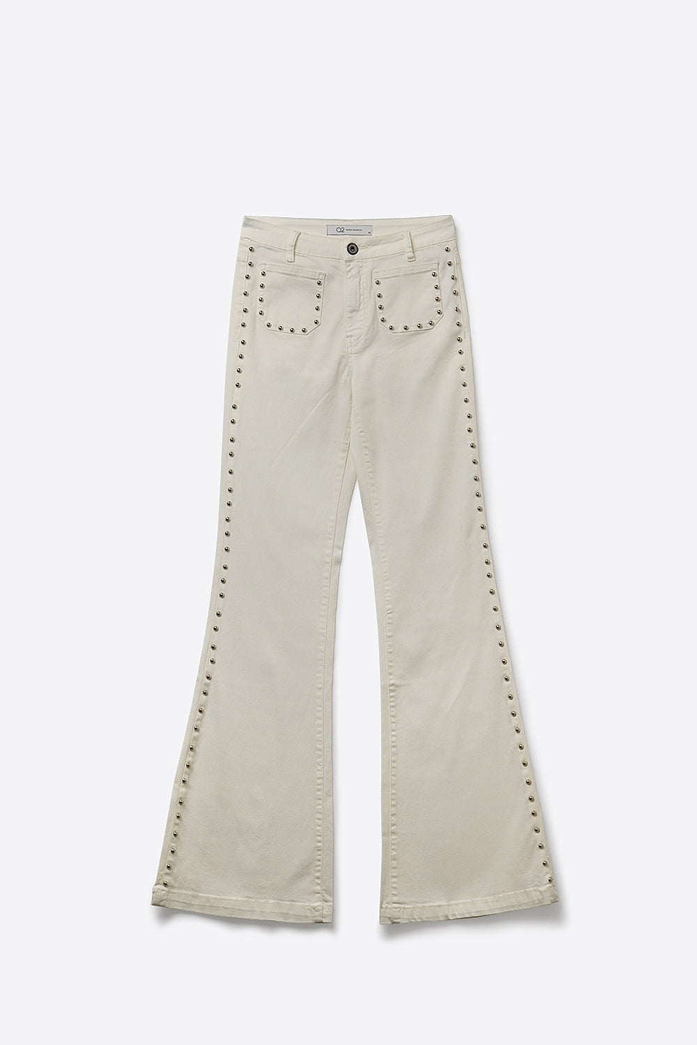 Cream Flared Jeans with Studded Trim Detail