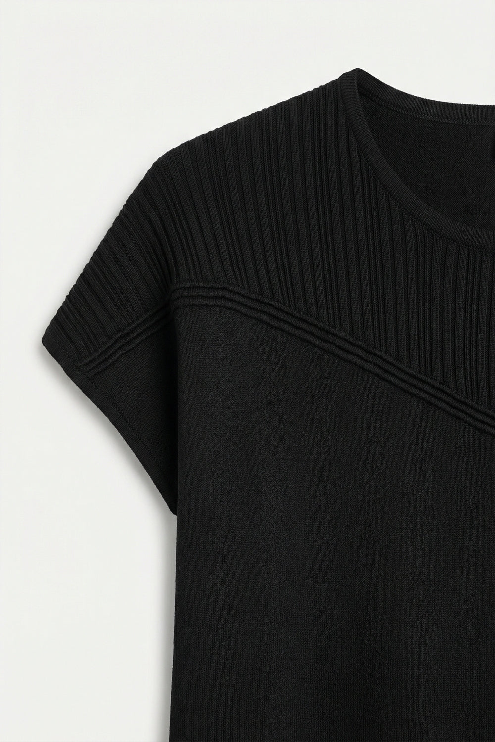 Black Knit Cap Sleeve Top with Textured Yoke Detail