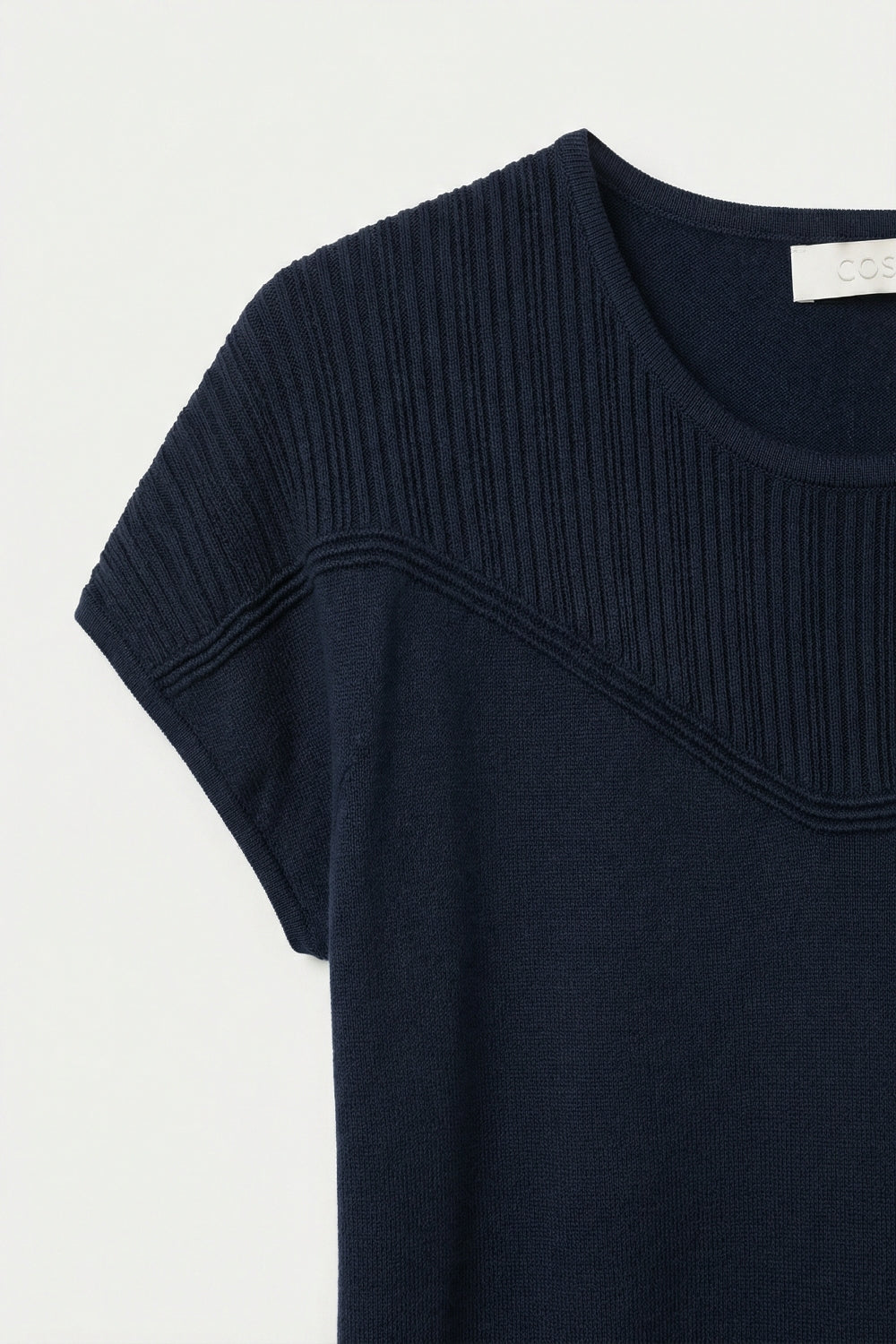 Navy Knit sweater with Ribbed Detail and Cap Sleeves