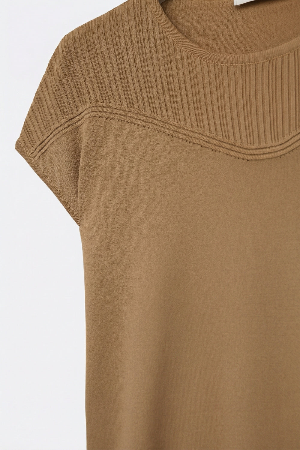 Camel Knit Cap Sleeve Sweater with Ribbed Detail