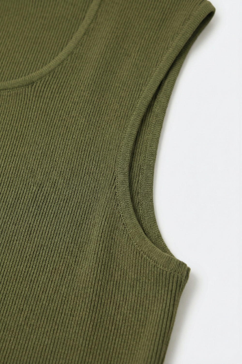 Olive Green Ribbed Knit Sleeveless Square Neck Top - Tops
