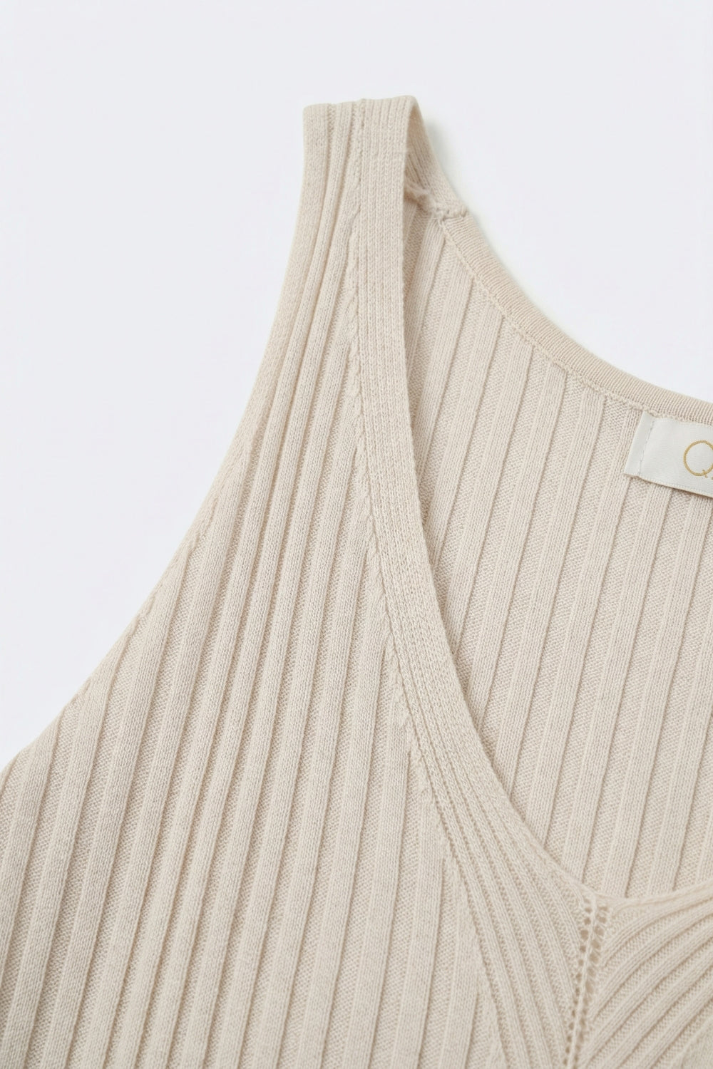 Beige Ribbed Knit V-Neck Tank Top