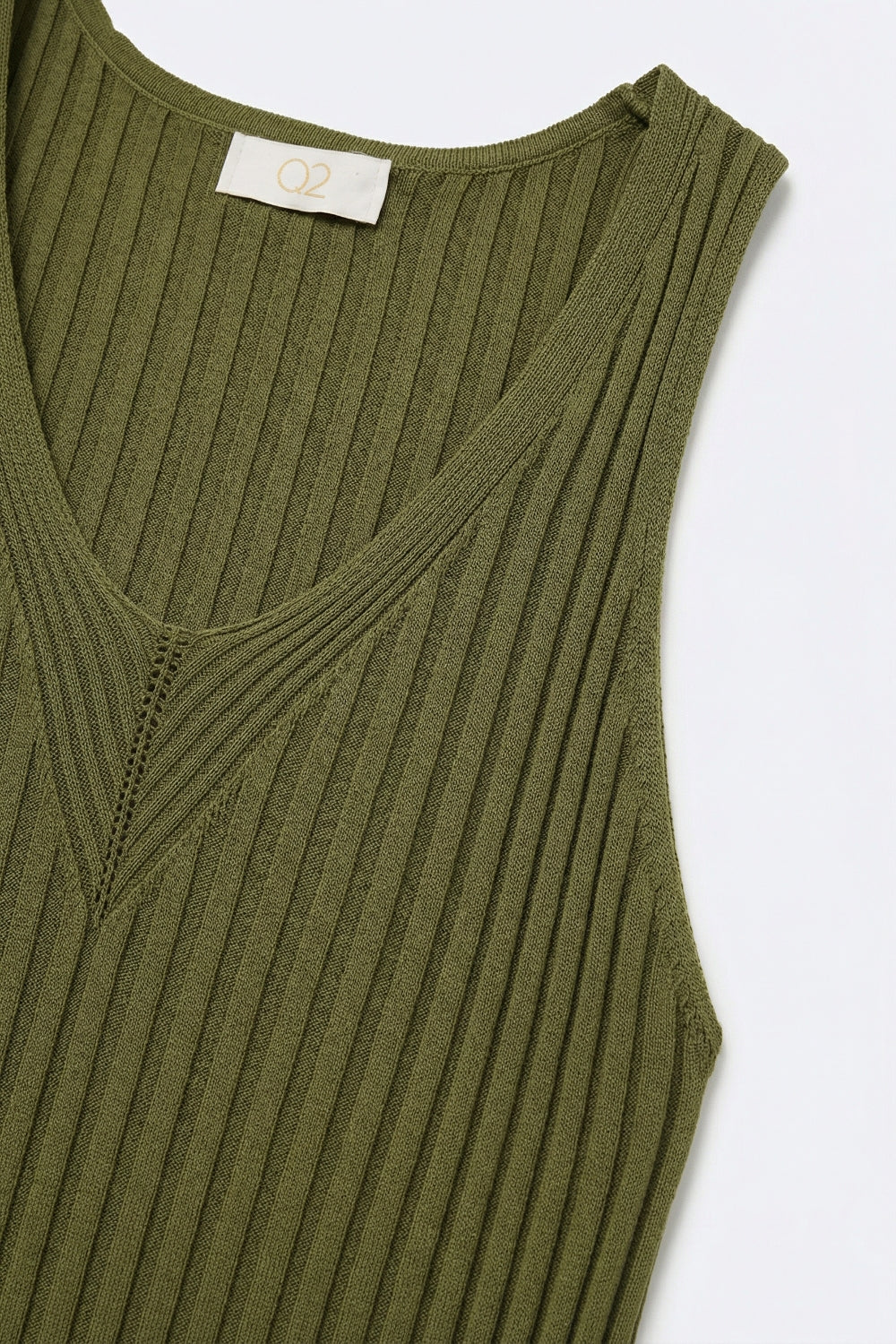 Olive Green Ribbed Knit V-Neck Tank Top