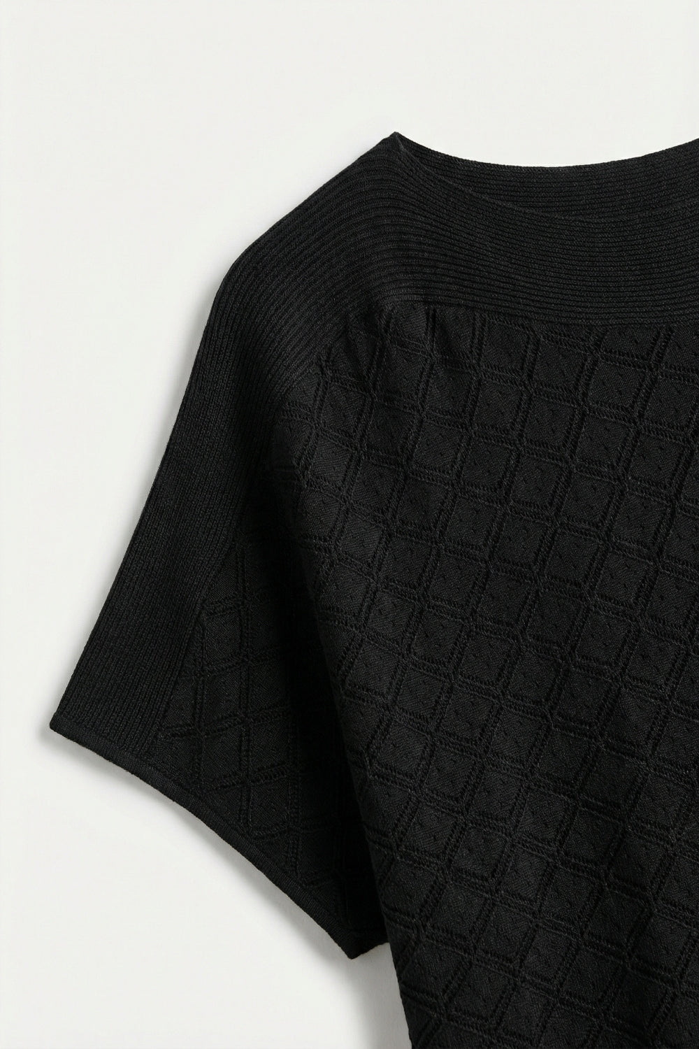 Black Textured Knit Short Sleeve Sweater Top