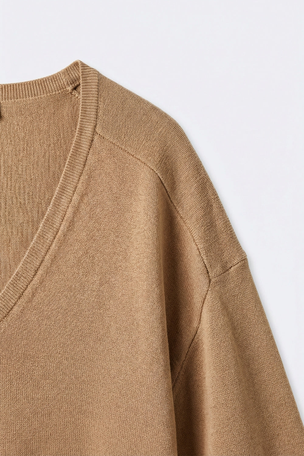 Camel V-Neck Knit Top with Elbow Sleeve - Tops