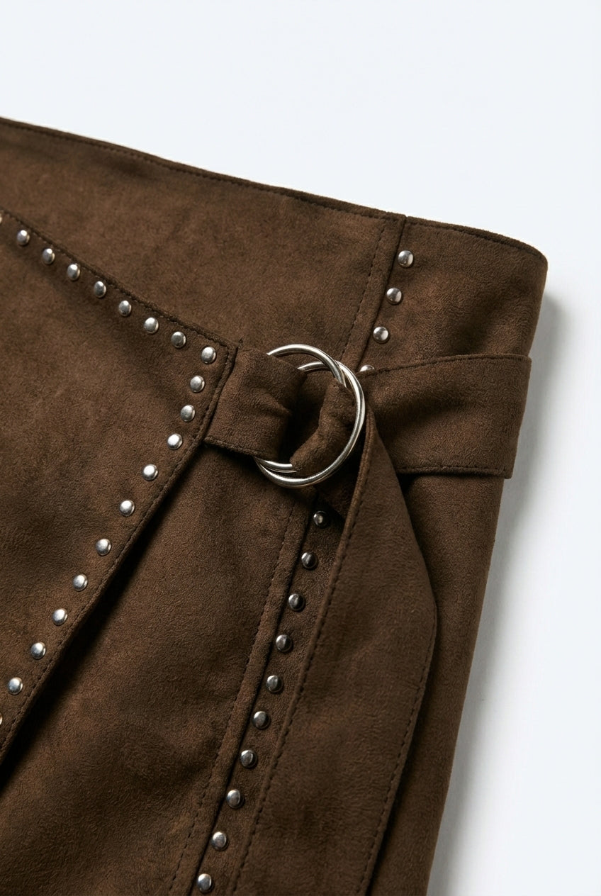 Brown Studded Wrap Mini Skirt with Belt Detail