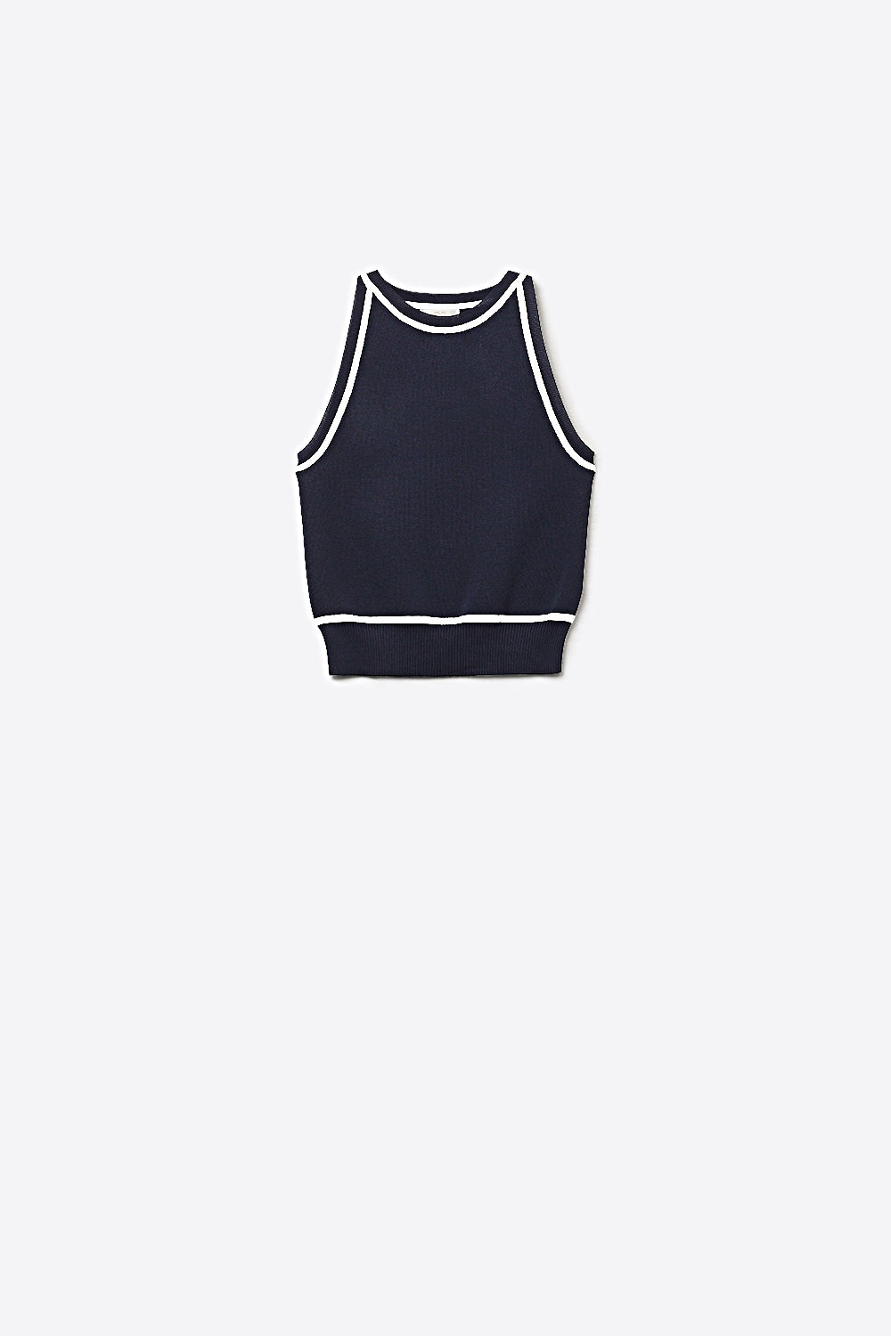Sleeveless Knitted top In navy Featuring detail white Lines