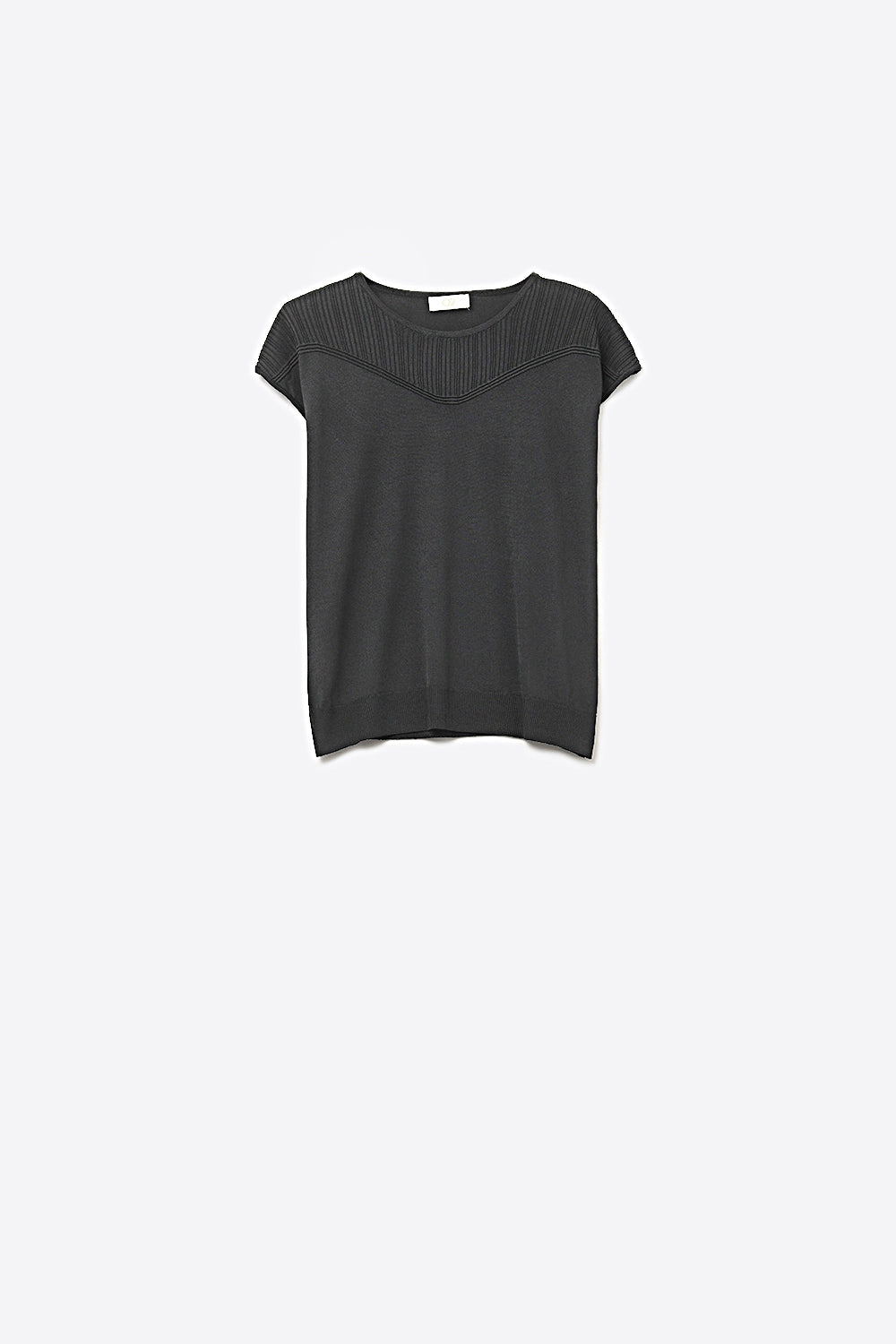 Black Knit Cap Sleeve Top with Textured Yoke Detail