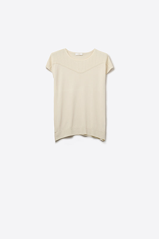 Cream Textured Knit Cap Sleeve Sweater Top