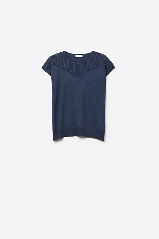 Navy Knit sweater with Ribbed Detail and Cap Sleeves