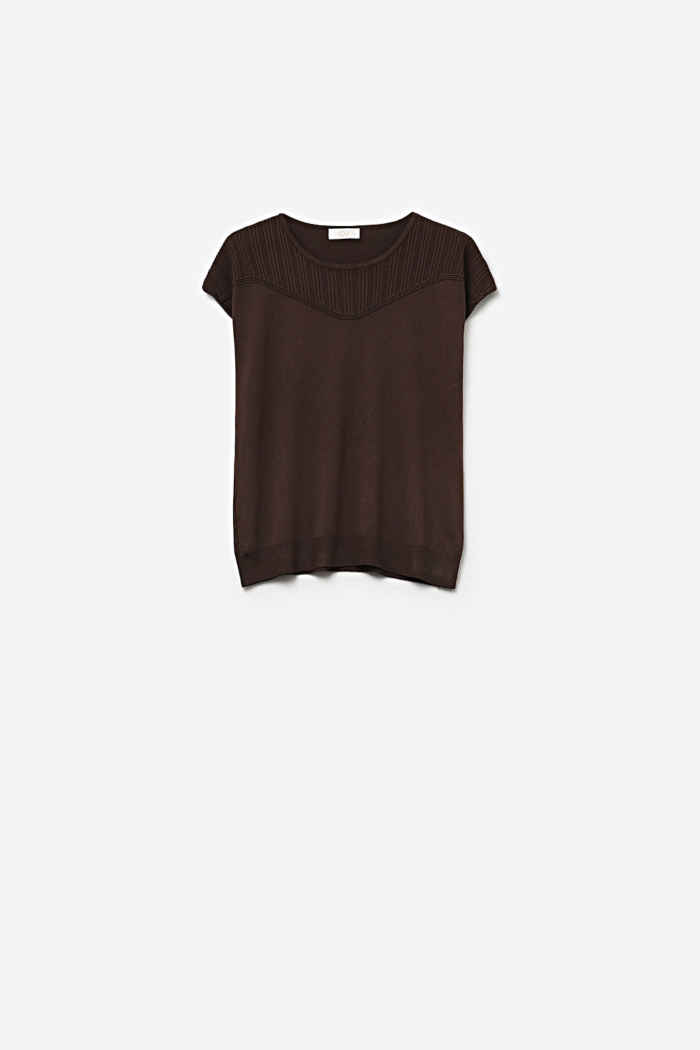 Brown Knit Cap Sleeve Pullover Top with Ribbed Detail