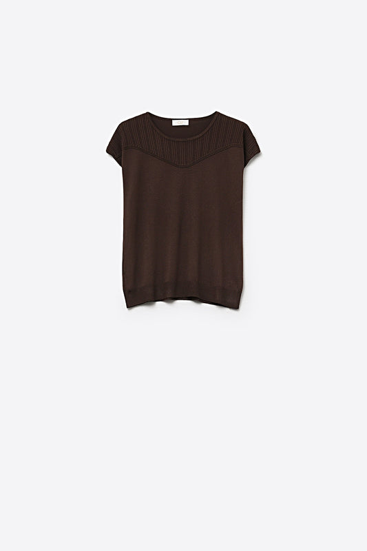 Brown Knit Cap Sleeve Pullover Top with Ribbed Detail