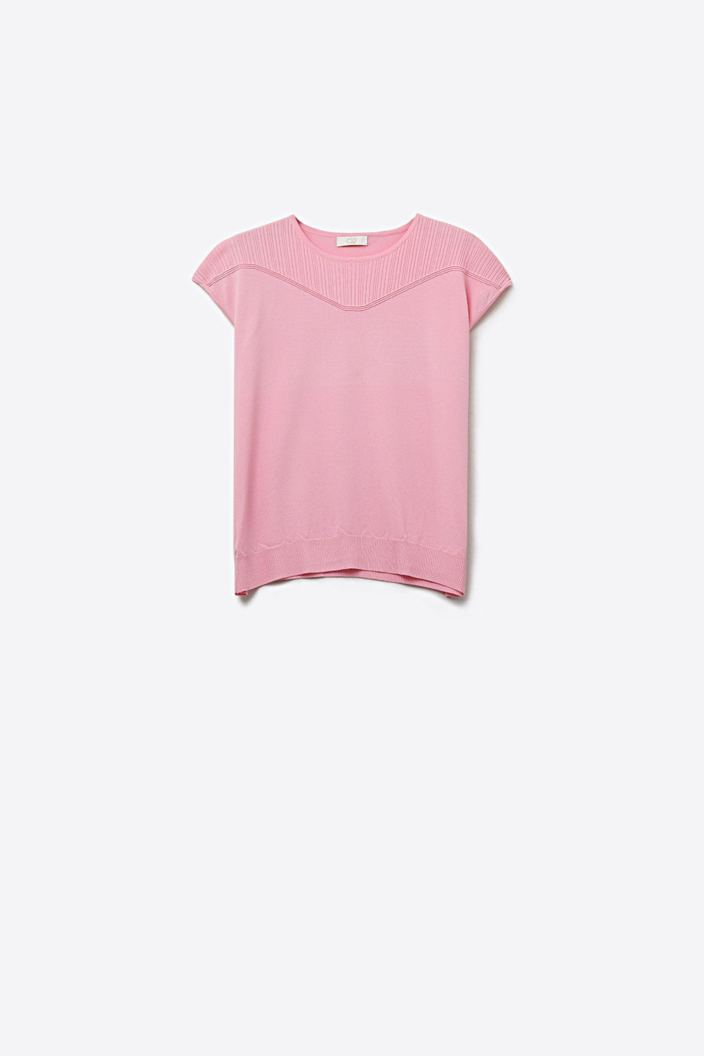 Pink Knit Short Sleeve Sweater with Ribbed Detail