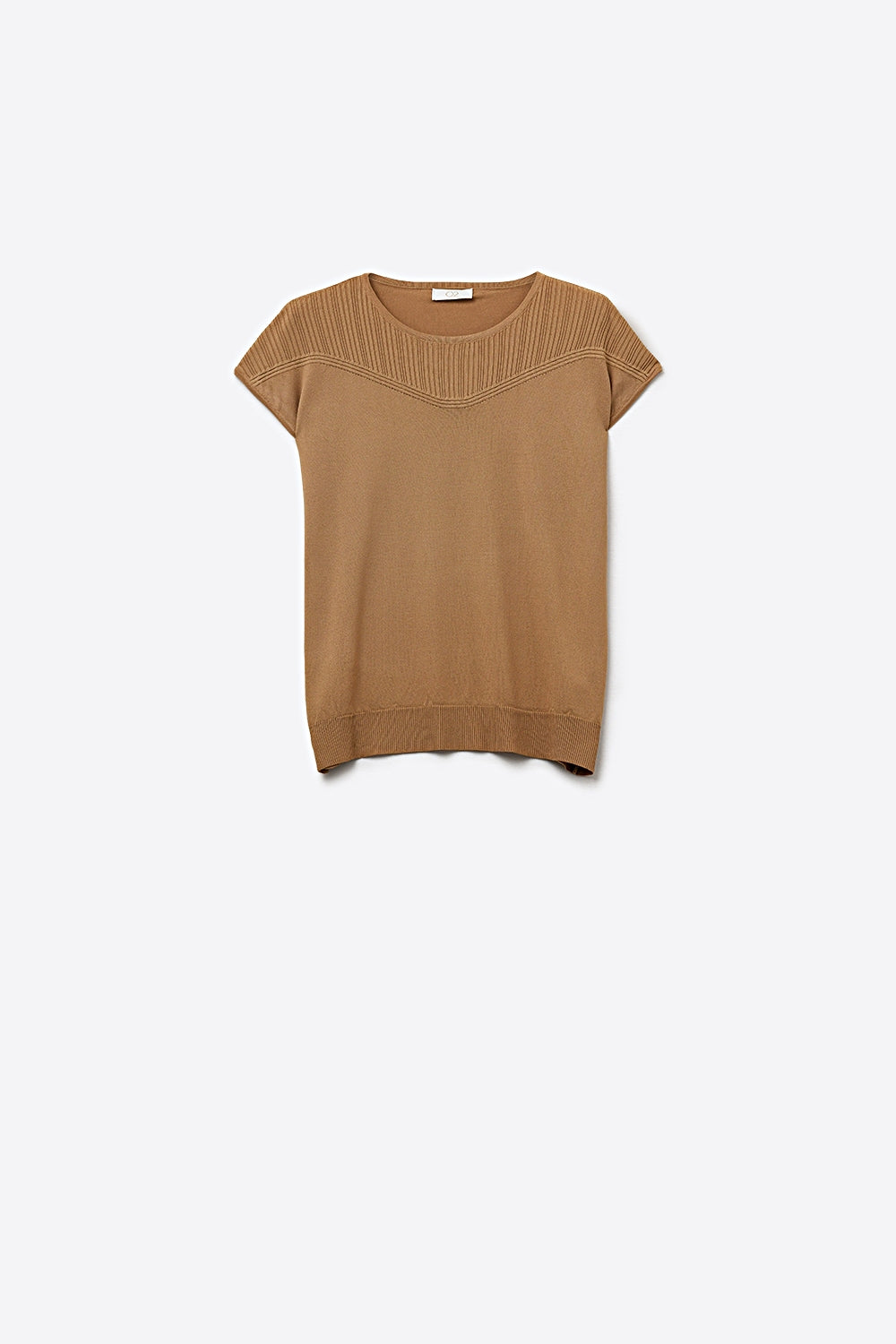 Camel Knit Cap Sleeve Sweater with Ribbed Detail