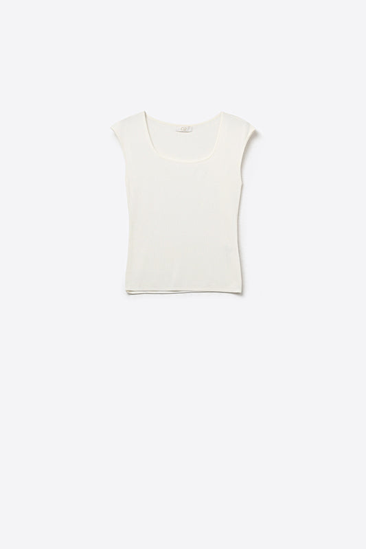 White Ribbed Knit Scoop Neck sweater in lightweight knit