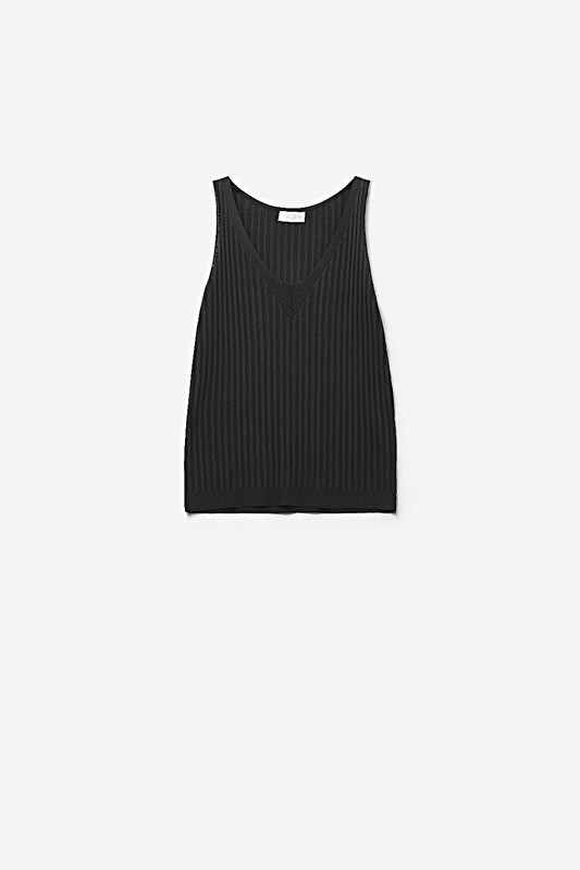Black Ribbed Knit V-Neck Tank Top