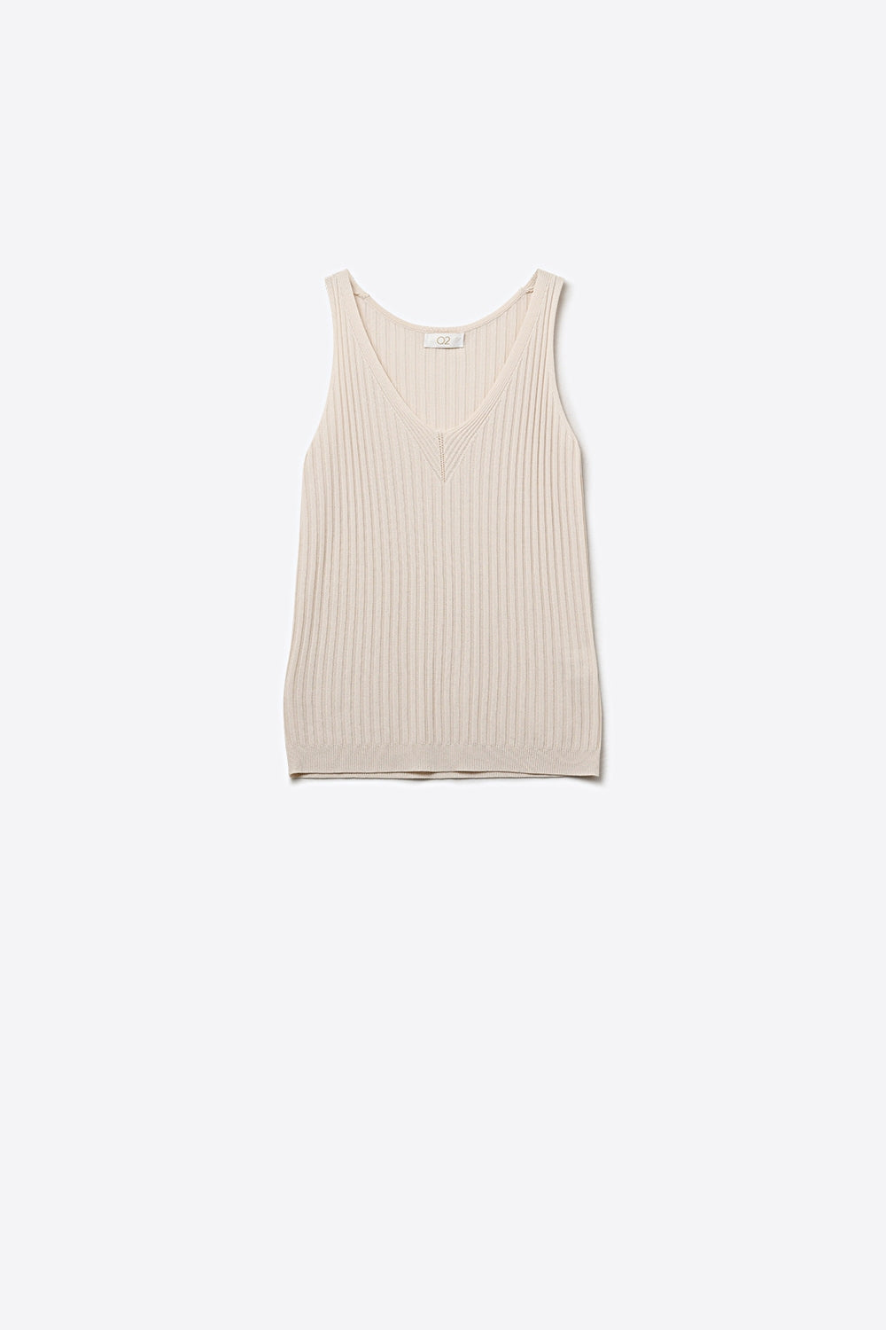 Beige Ribbed Knit V-Neck Tank Top