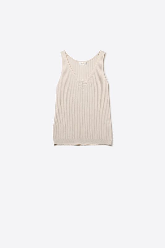 Beige Ribbed Knit V-Neck Tank Top