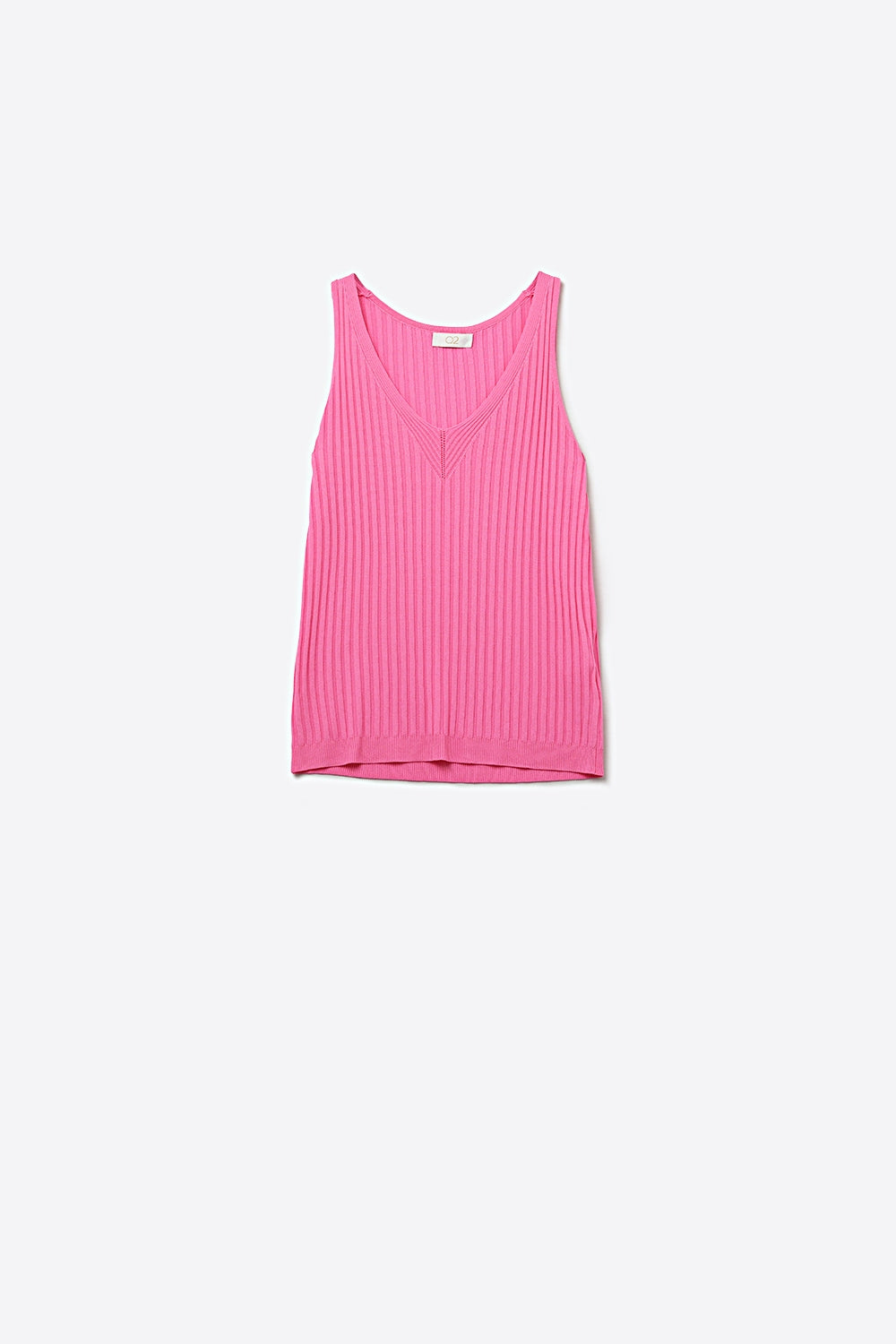 Pink Ribbed Knit V-Neck Tank Top