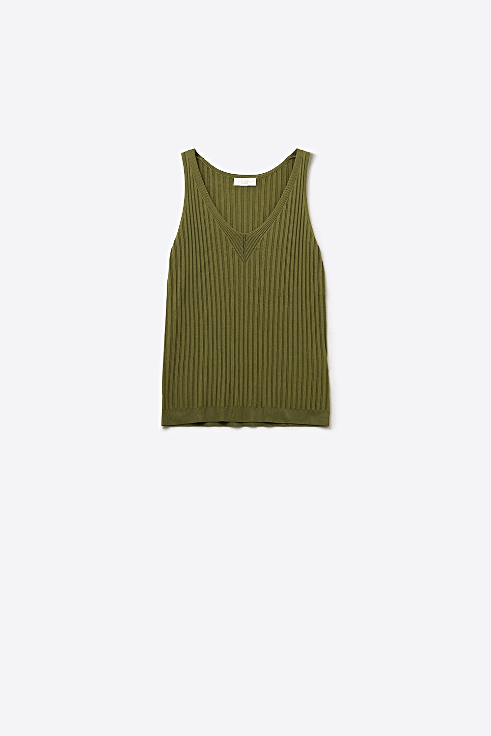 Olive Green Ribbed Knit V-Neck Tank Top