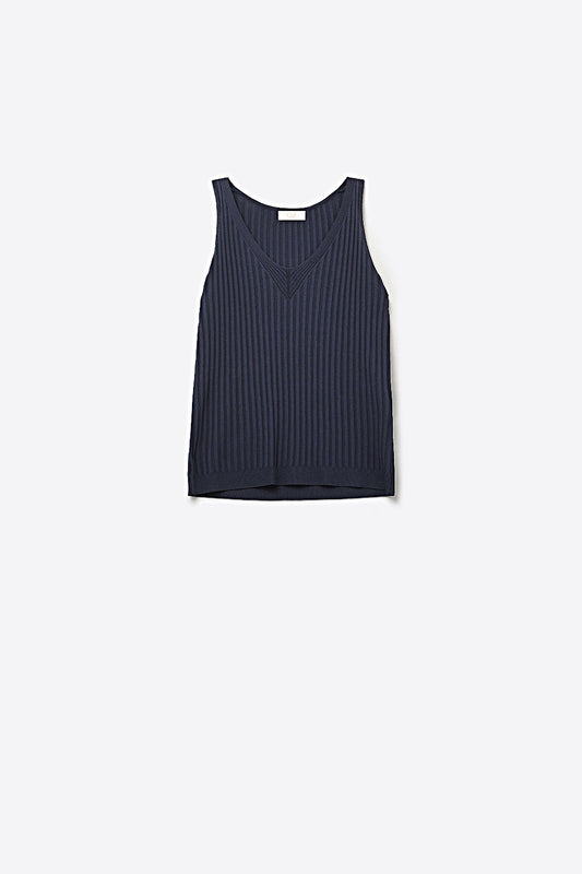 Navy Ribbed Knit V-Neck Tank Top