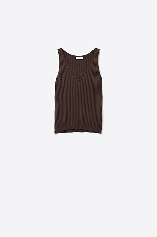 Brown Ribbed Knit V-Neck Tank Top