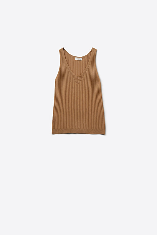 Camel Ribbed Knit V-Neck Tank Top