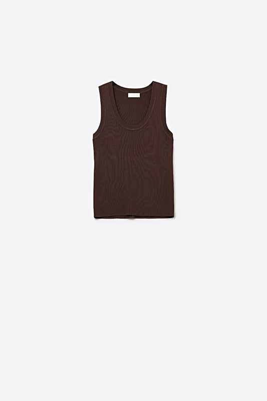 Brown Ribbed Knit Tank Top for Layering - Tops