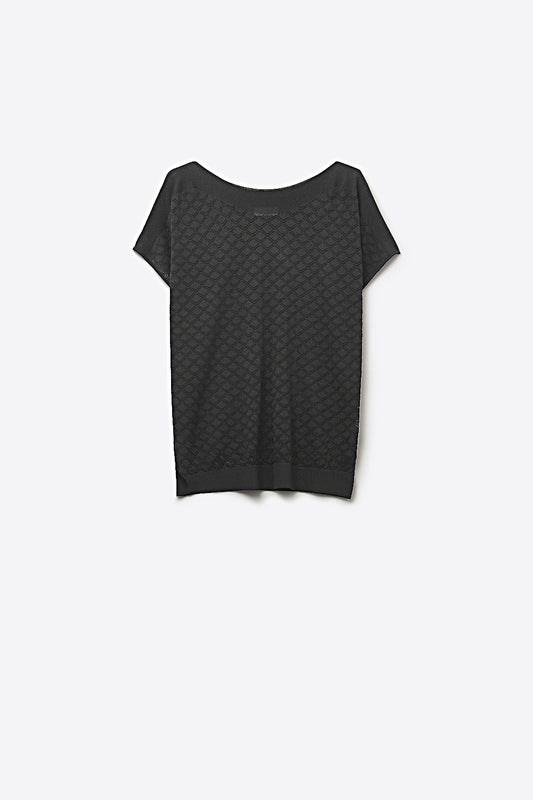 Black Textured Knit Short Sleeve Sweater Top