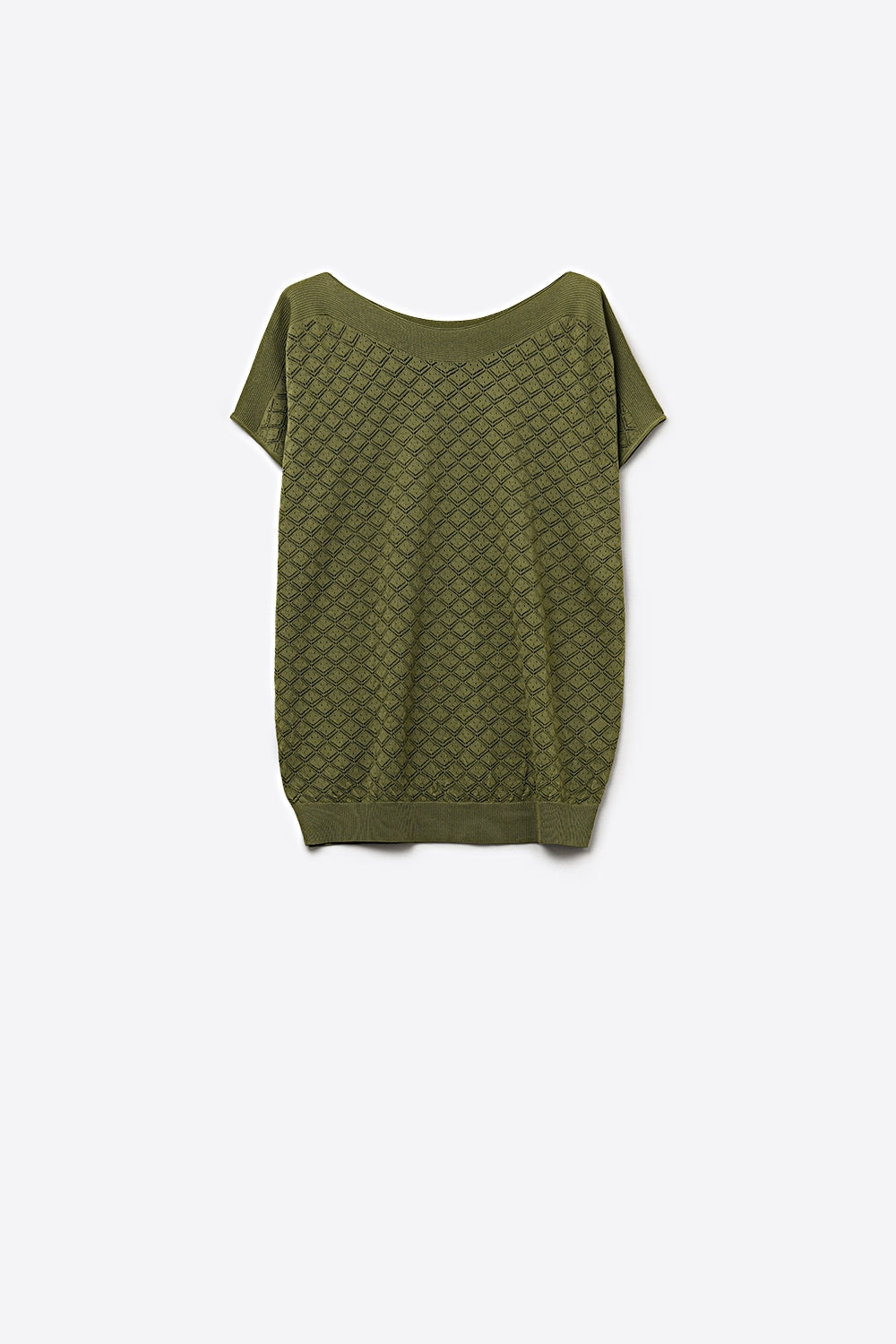 Olive Green Textured Knit Short Sleeve Sweater Top