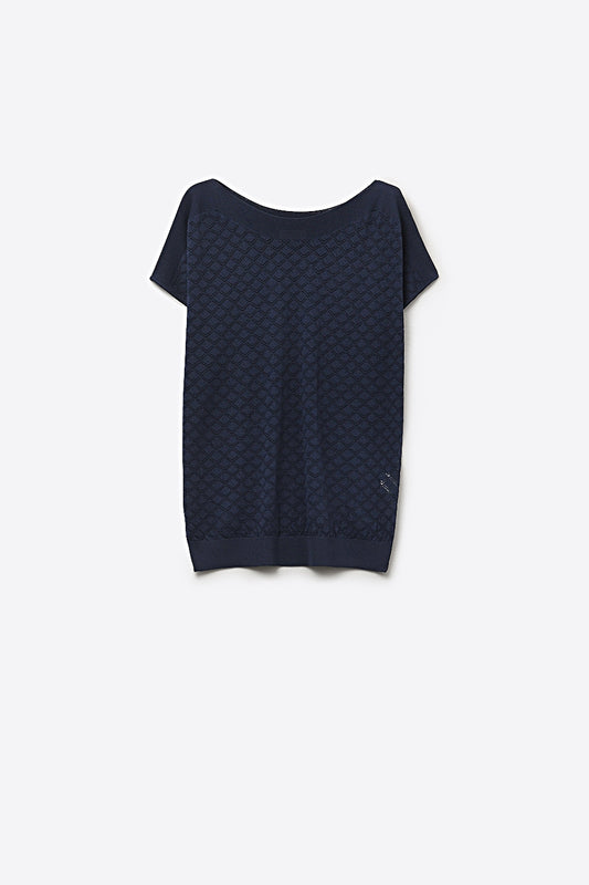 Textured pattern Knit Short Sleeve Sweater in navy