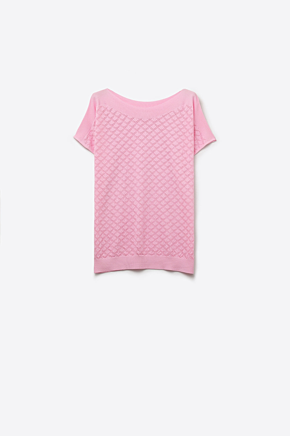 Pattern Textured Knit Short Sleeve Sweater in pink