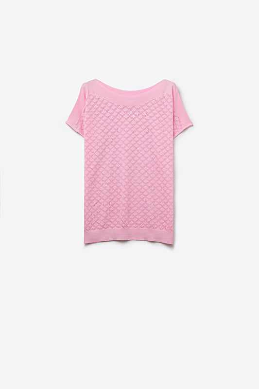 Pattern Textured Knit Short Sleeve Sweater in pink