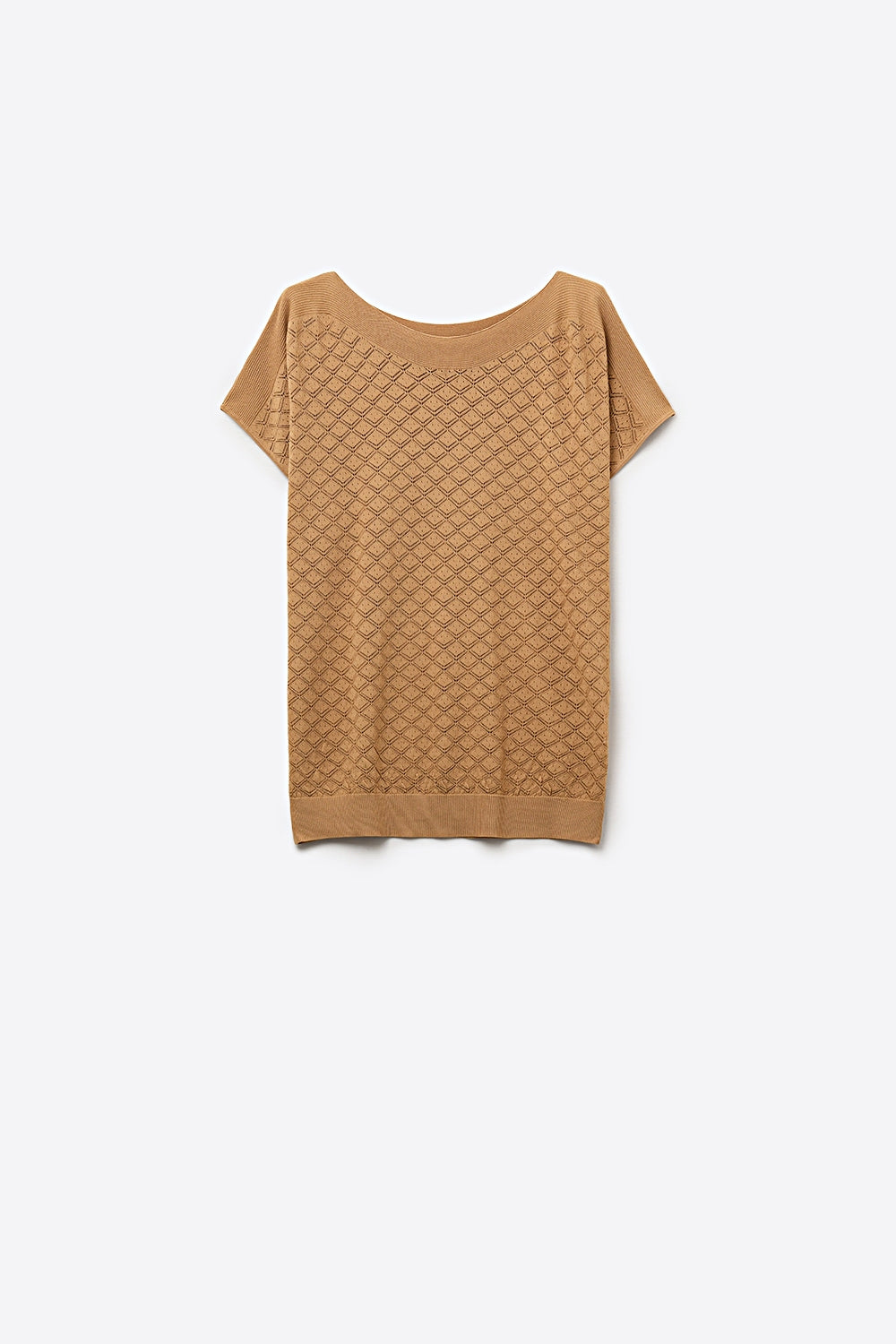 Camel Knit Short Sleeve Sweater with Textured Pattern