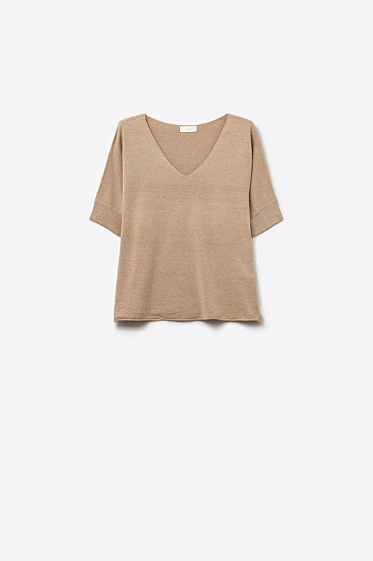 Beige V-Neck Relaxed Fit Knit Top