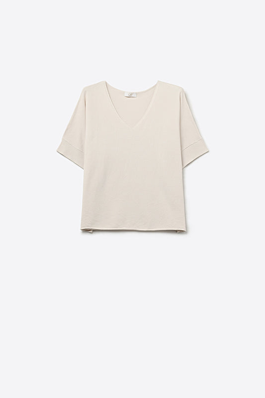 V-Neck Relaxed Fit Short Sleeve sweater in beige