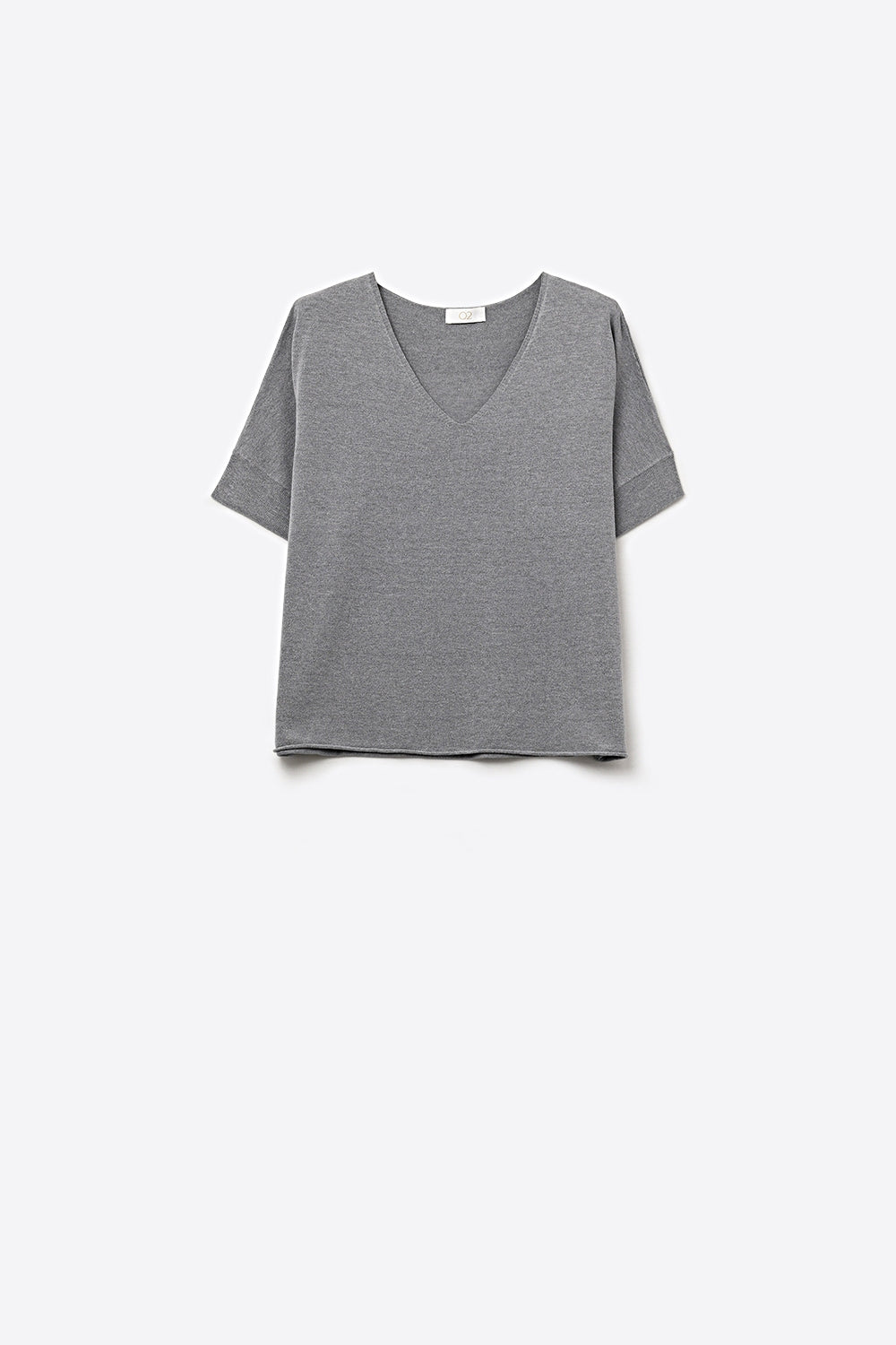 Grey Relaxed V-Neck Short Sleeve Knit Top