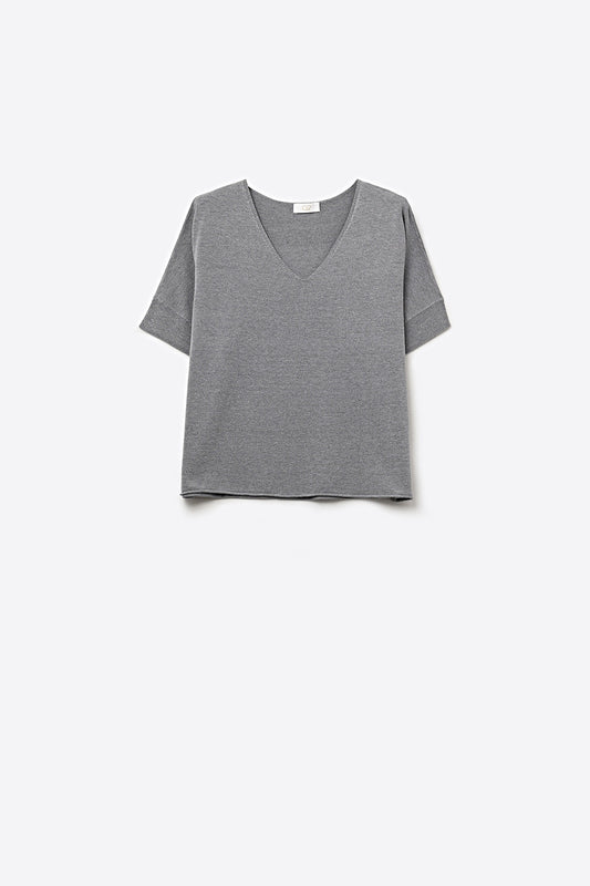 Grey Relaxed V-Neck Short Sleeve Knit Top