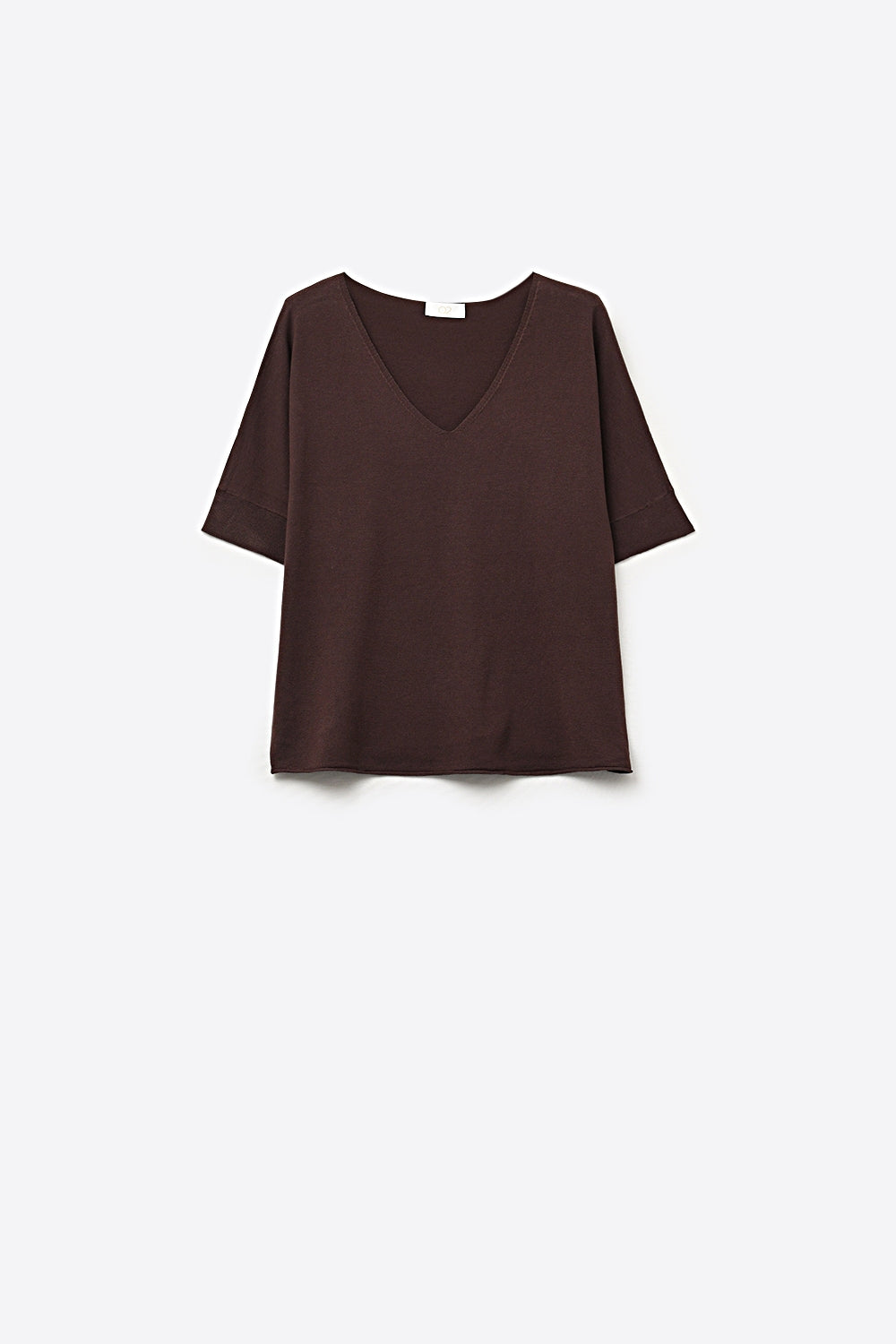 Brown Relaxed V-Neck Knit Top with Short Sleeves