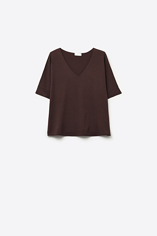 Brown Relaxed V-Neck Knit Top with Short Sleeves