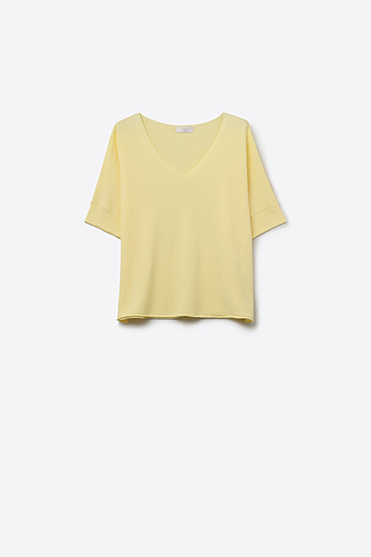 butter Yellow V-Neck Relaxed Fit Short Sleeve sweater