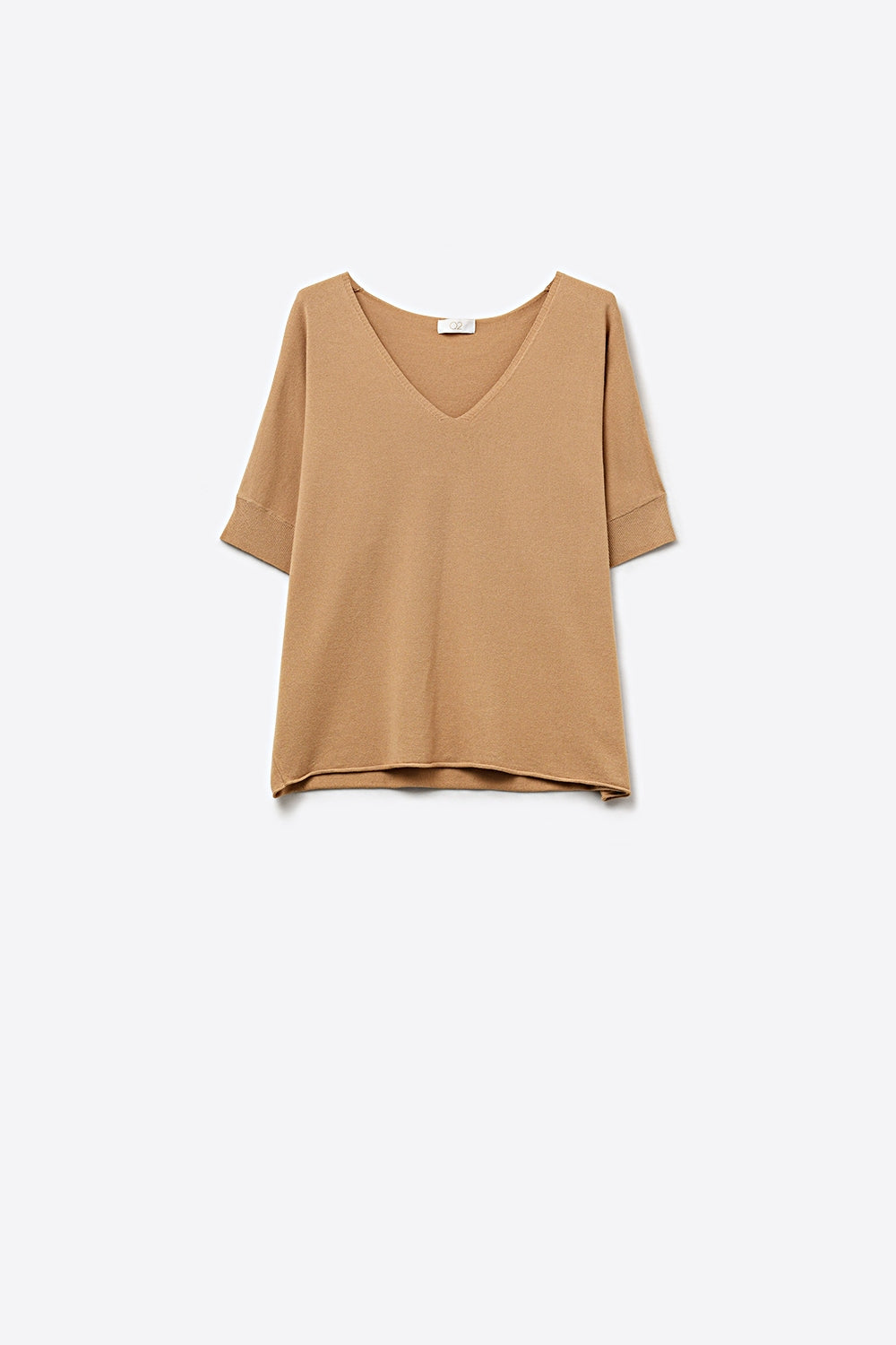 Camel V-Neck Knit Top with Elbow Sleeve - Tops