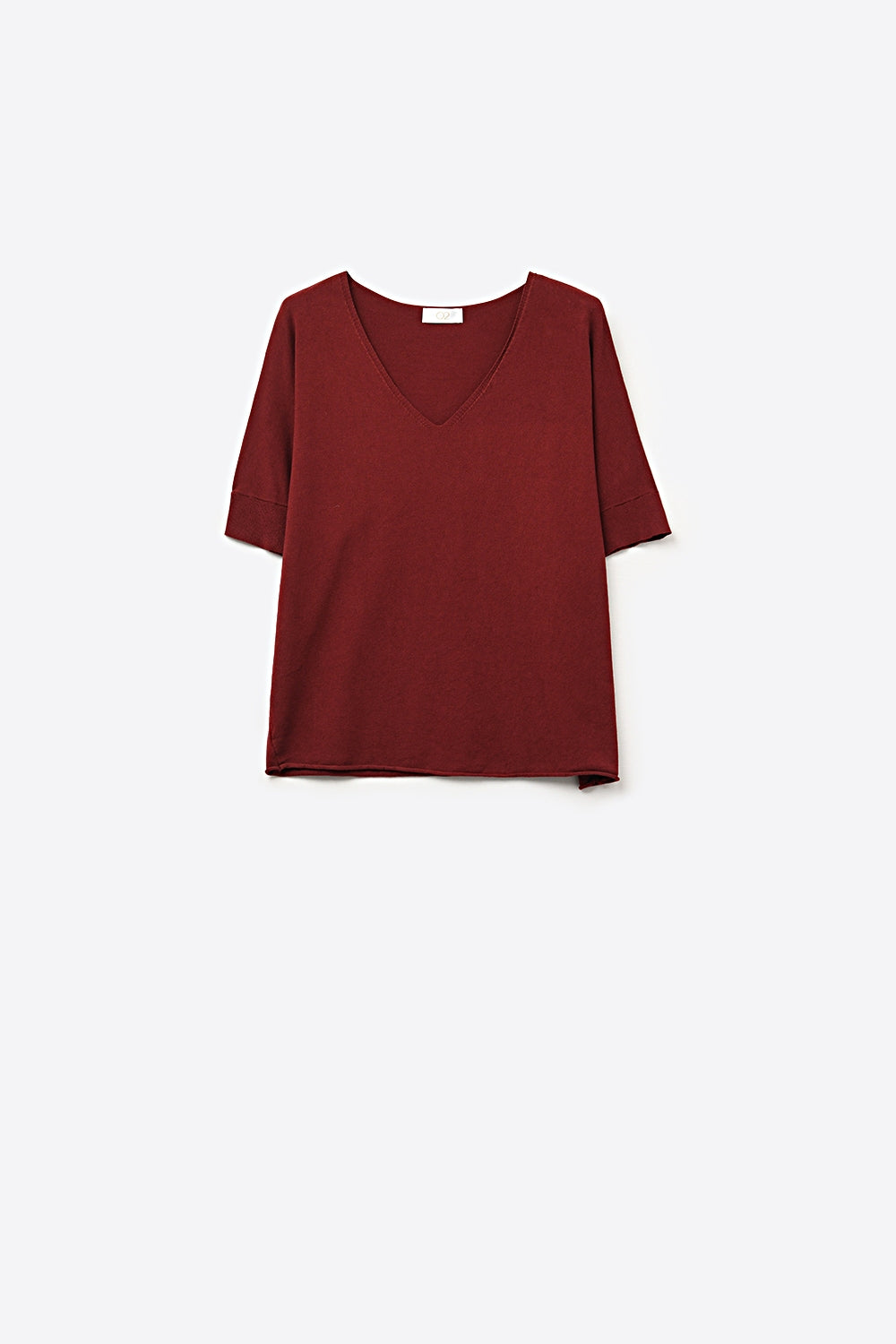 Burgundy Relaxed V-Neck Short Sleeve Knit Top