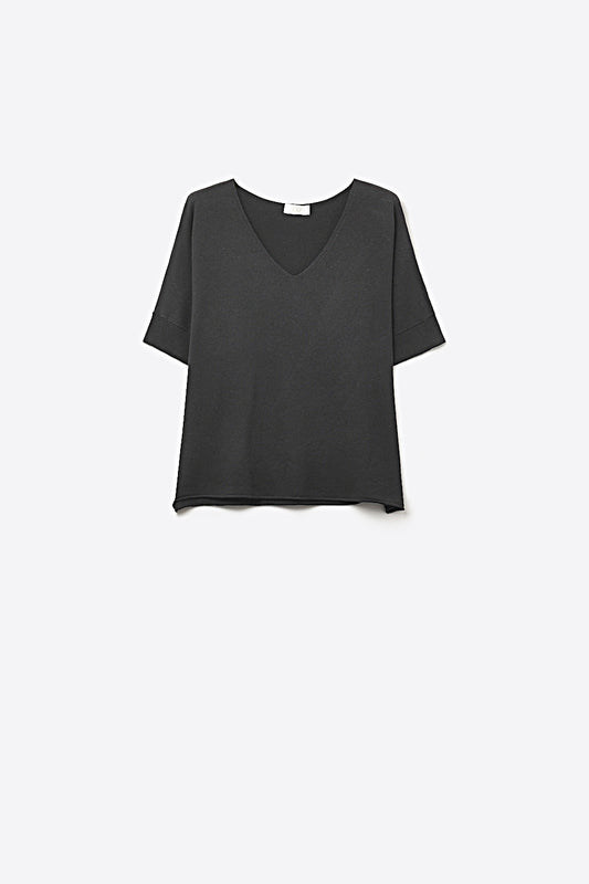 Black V-Neck Relaxed Fit Short Sleeve Top