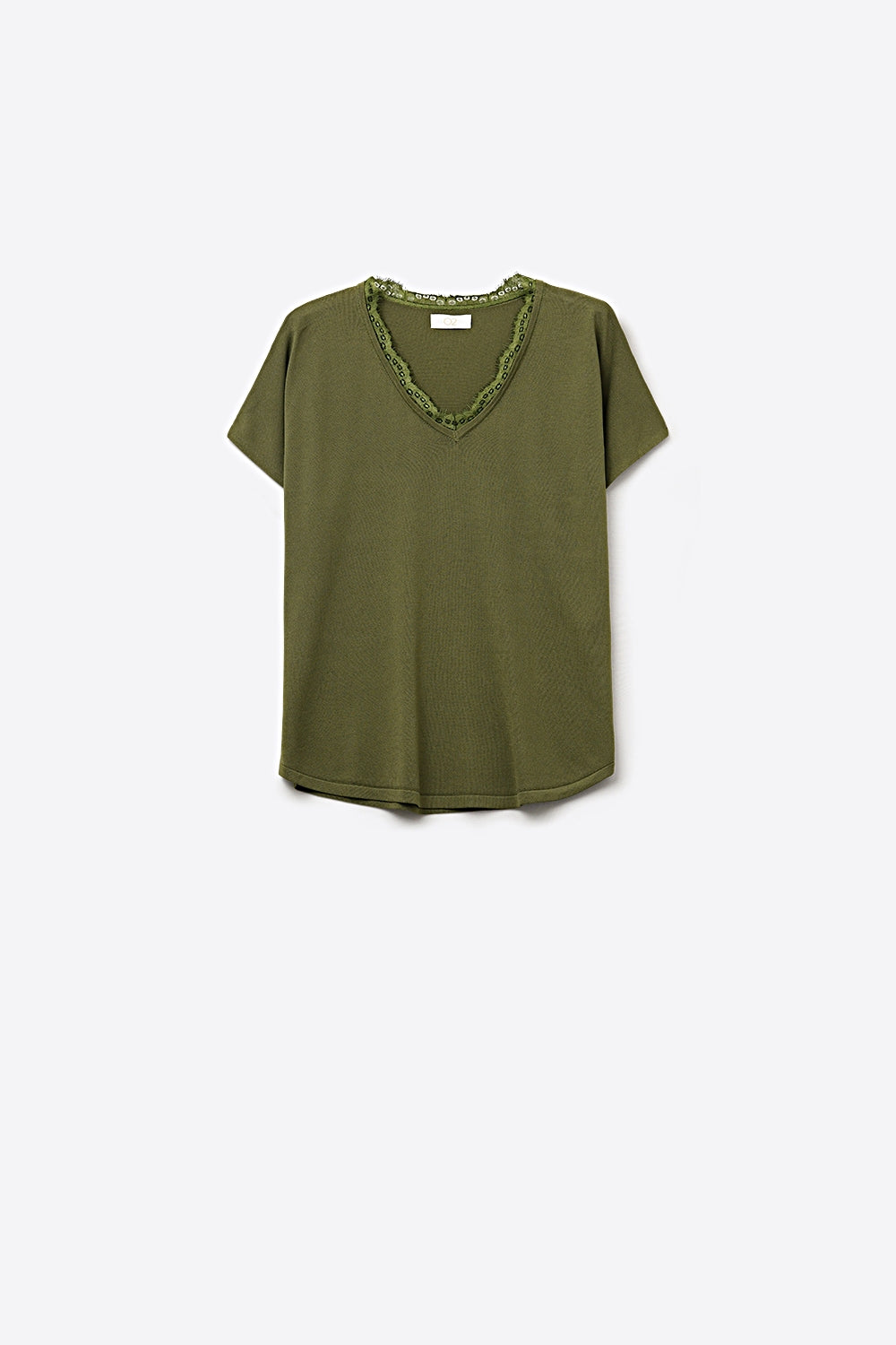 Fine and soft knit sweater with V-neck and lace trim in khaki