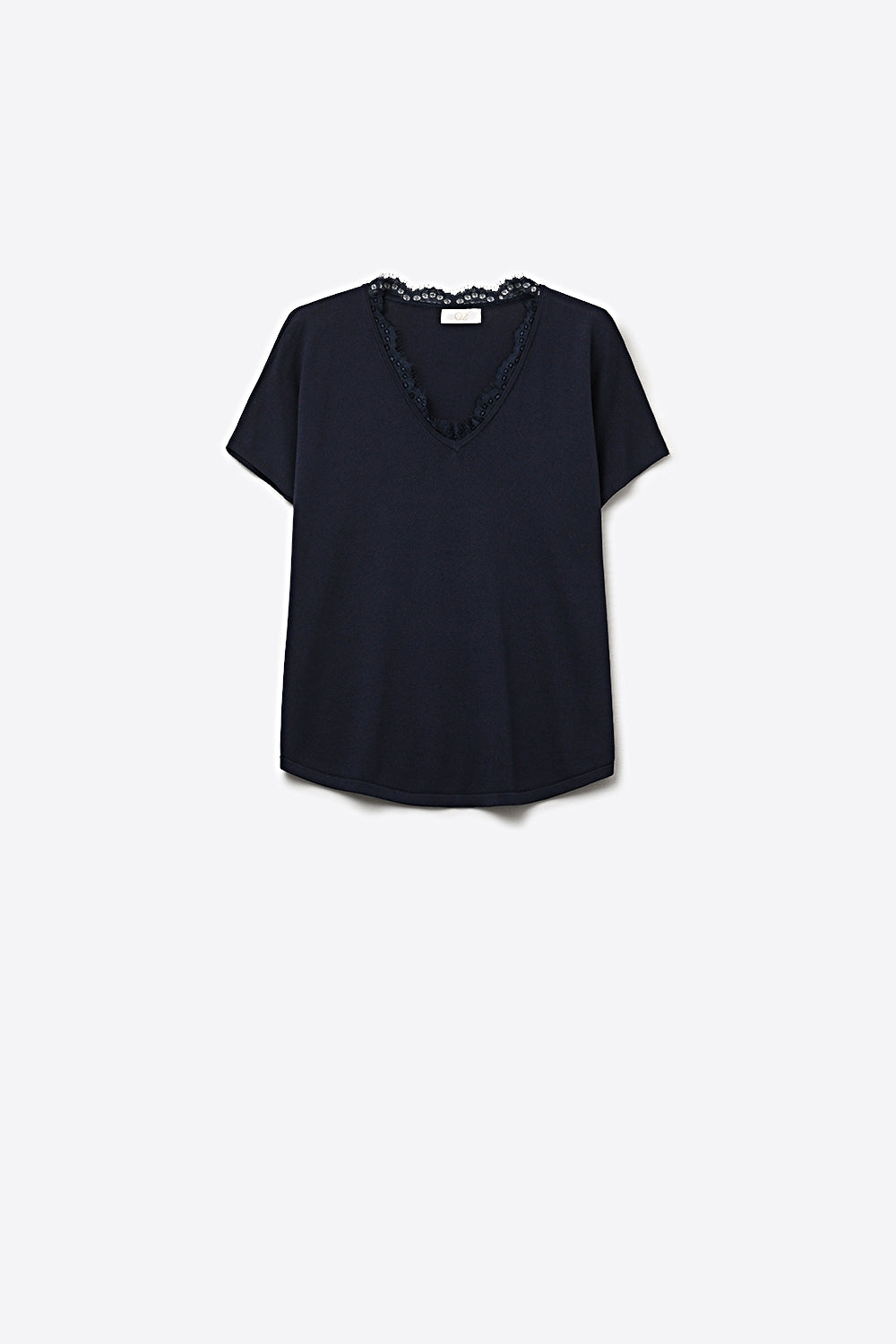 Fine and soft knit sweater with V-neck and lace trim in navy