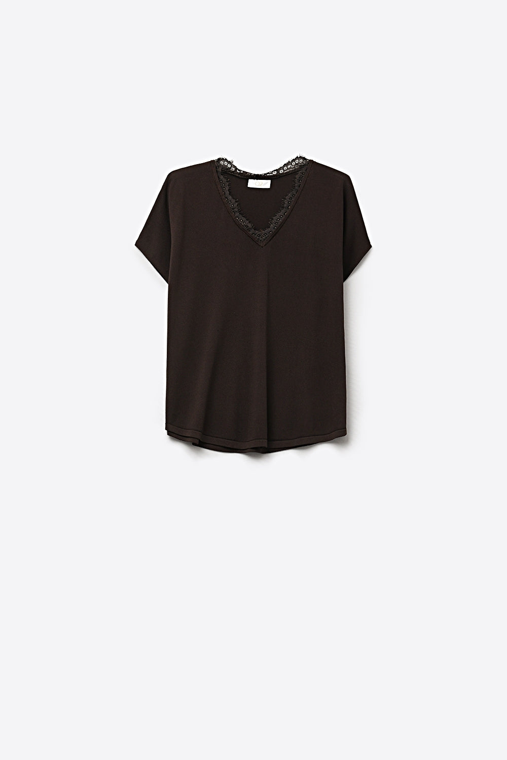 Fine and soft knit sweater with V-neck and lace trim in brown