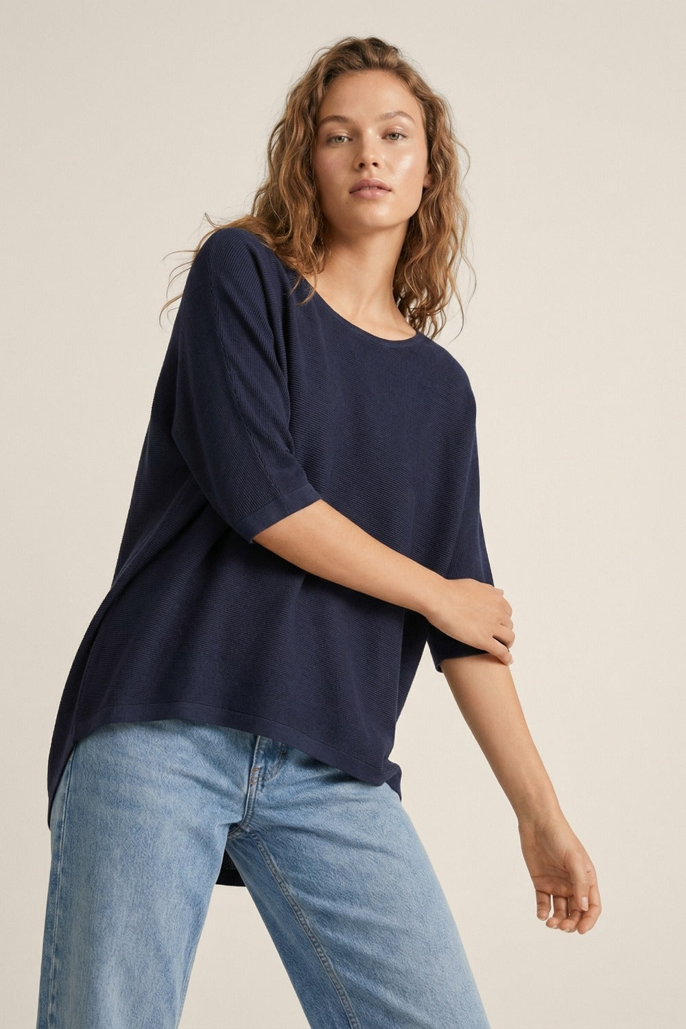 Oversized Sweater in Navy with Elbow-Length Sleeves