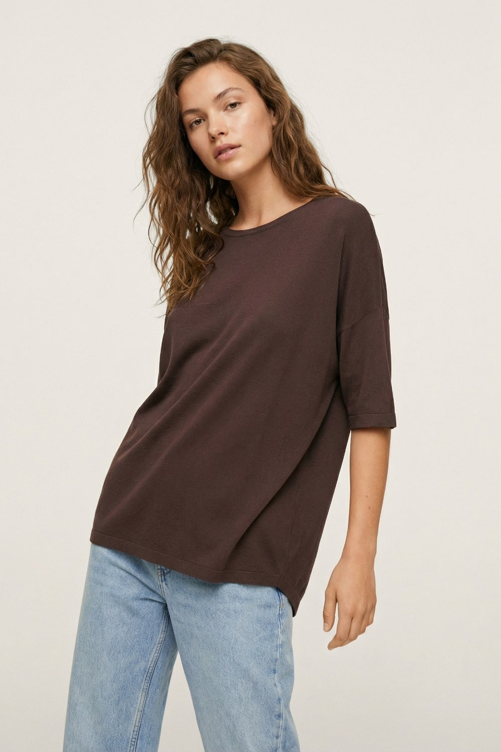 Oversized Sweater in Brown with Elbow-Length Sleeves